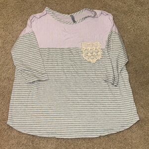 Lavender Striped Pink & Gray Crochet Pocket Top